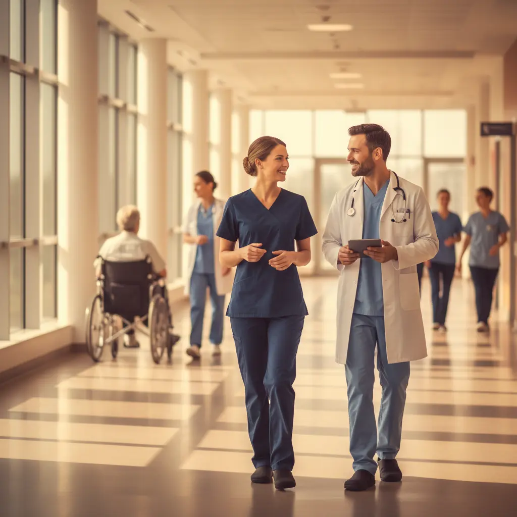 Nurse and doctor walking through a bright hospital corridor